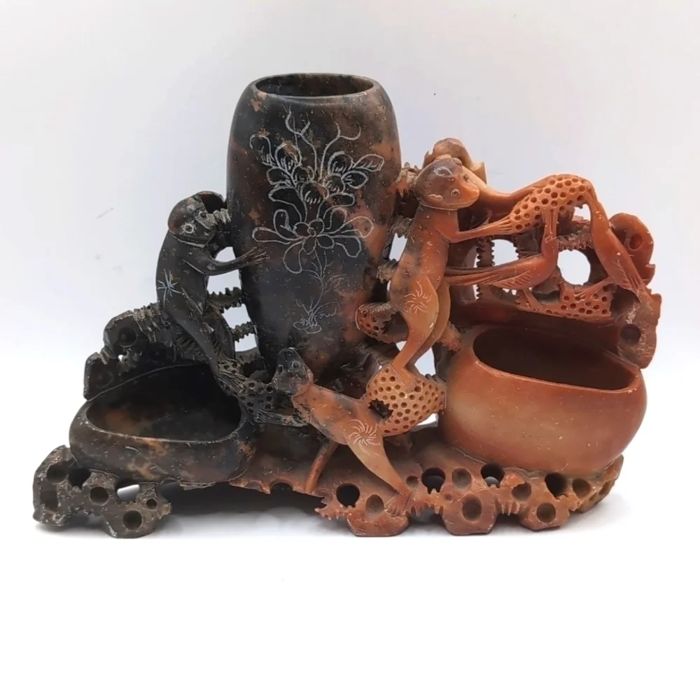 Vintage Asian Chinese Carved Soapstone Monkey Animal Vase - Brush Pot - Display
